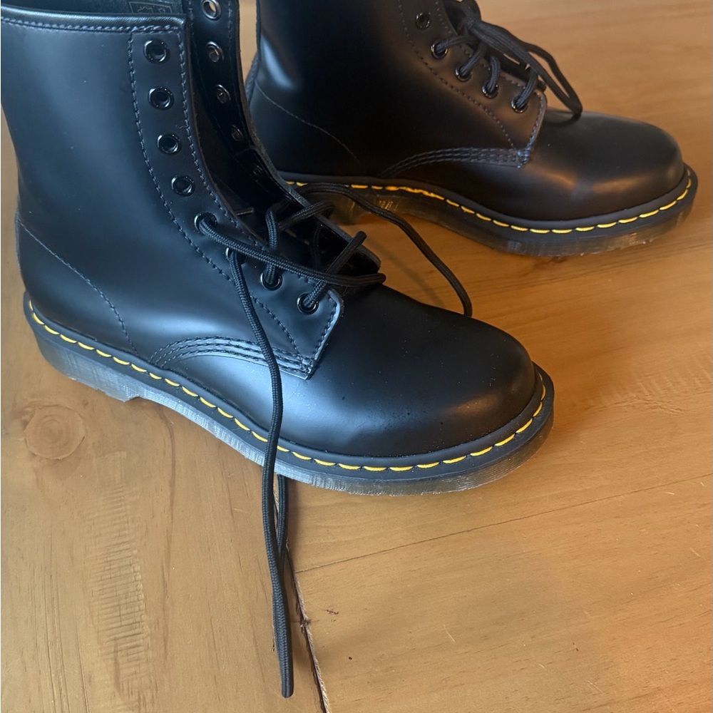 Dr. Martens Black Leather Lace-Up Boots with Yellow Stitching - Picture 2 of 6